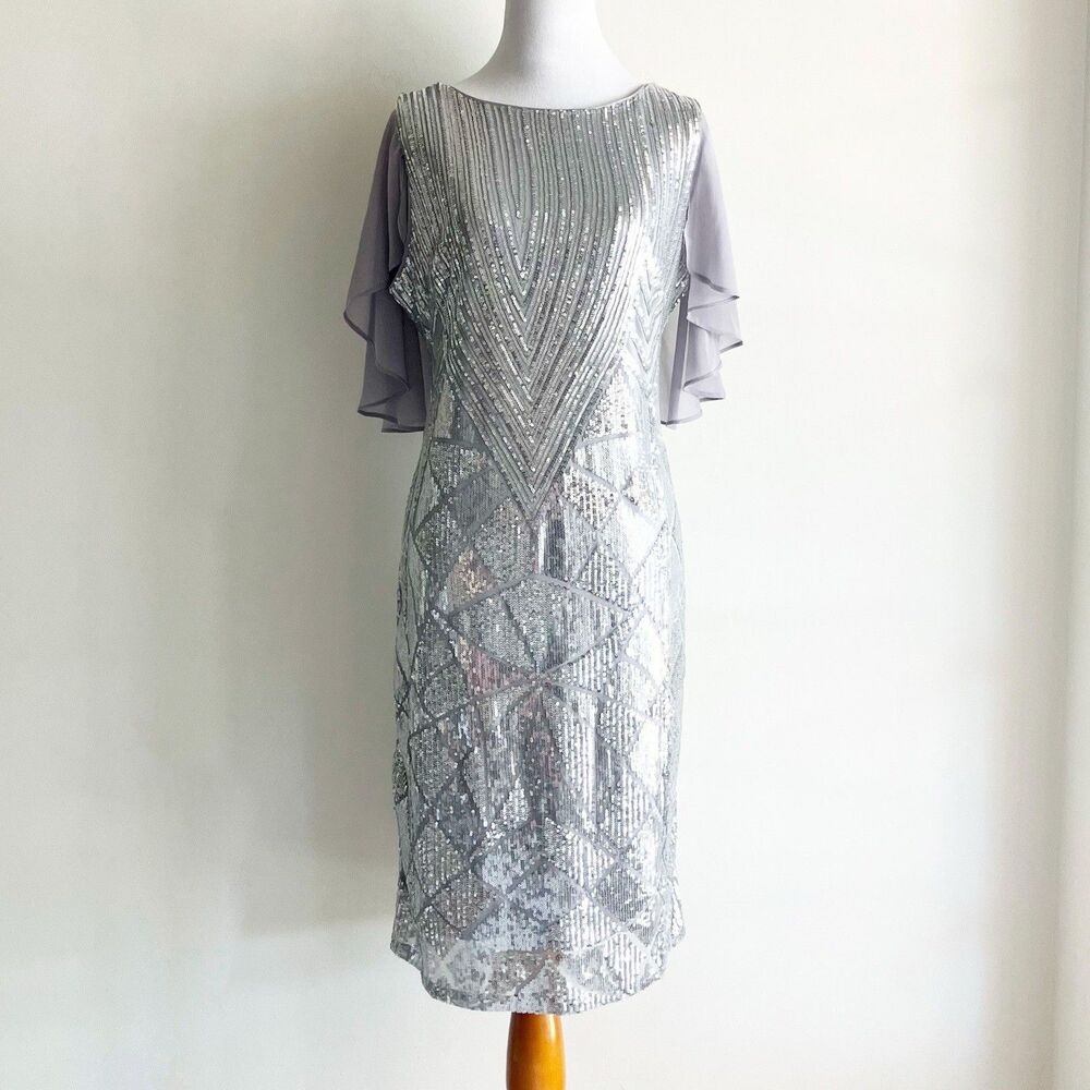 Pls Read R&M Richards Petite Sequin Cocktail Dress Silver Geometric Capelet 12P